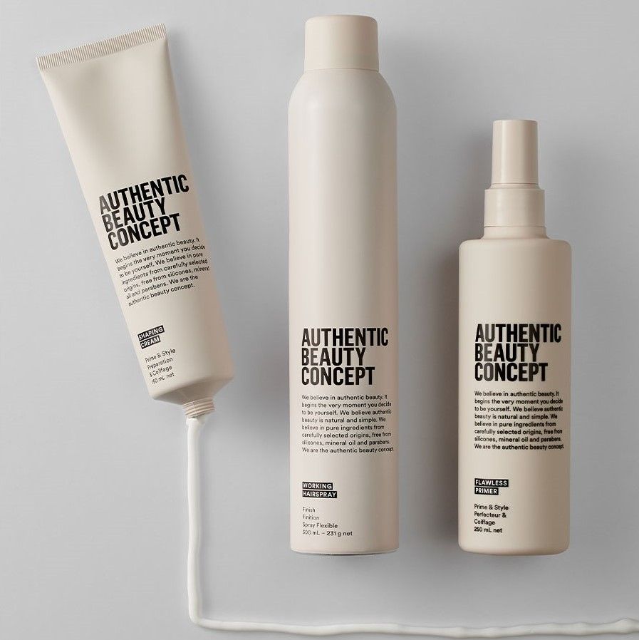 Stylingprodukte von Authentic Beauty Concept: Shaping Cream, Working Hairspray und Flawless Primer